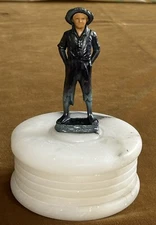 Antique J Ruhl Carved Round Alabaster Box with Enameled Doughboy on Lid