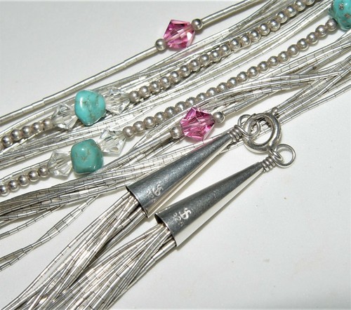 Southwestern Liquid Silver, 16 strand Turquoise bid Necklace 28" long 40.7 grams - Bild 7 von 11