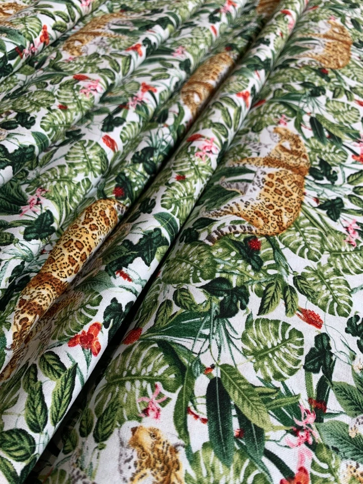 Stoff Meterware Baumwollstoff Patchwork 50 cm Tiger Dschungel Blumen auf Weiß - Bild 2 von 4