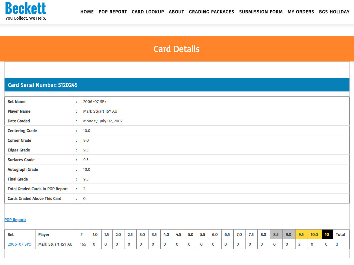 Mark Stuart RC BGS 9.5 w 10 Auto: 2006-07 SPx Rookie Card RPA Gisto /1299 POP 2