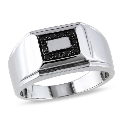 AMOUR 1/10 CT TW Men's Square Black Diamond Ring In Sterling Silver