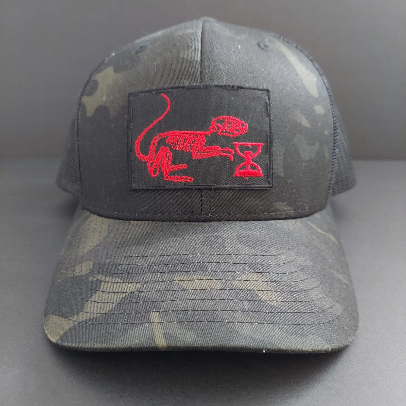 Squirrel Saloon Trading Co Black Trucker Hat Red Bone Squirrel Embroidery