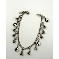 Yin Yang Silver Bells Ankle Bracelet 9” Hook Eye Closure Boho Belly Dancer