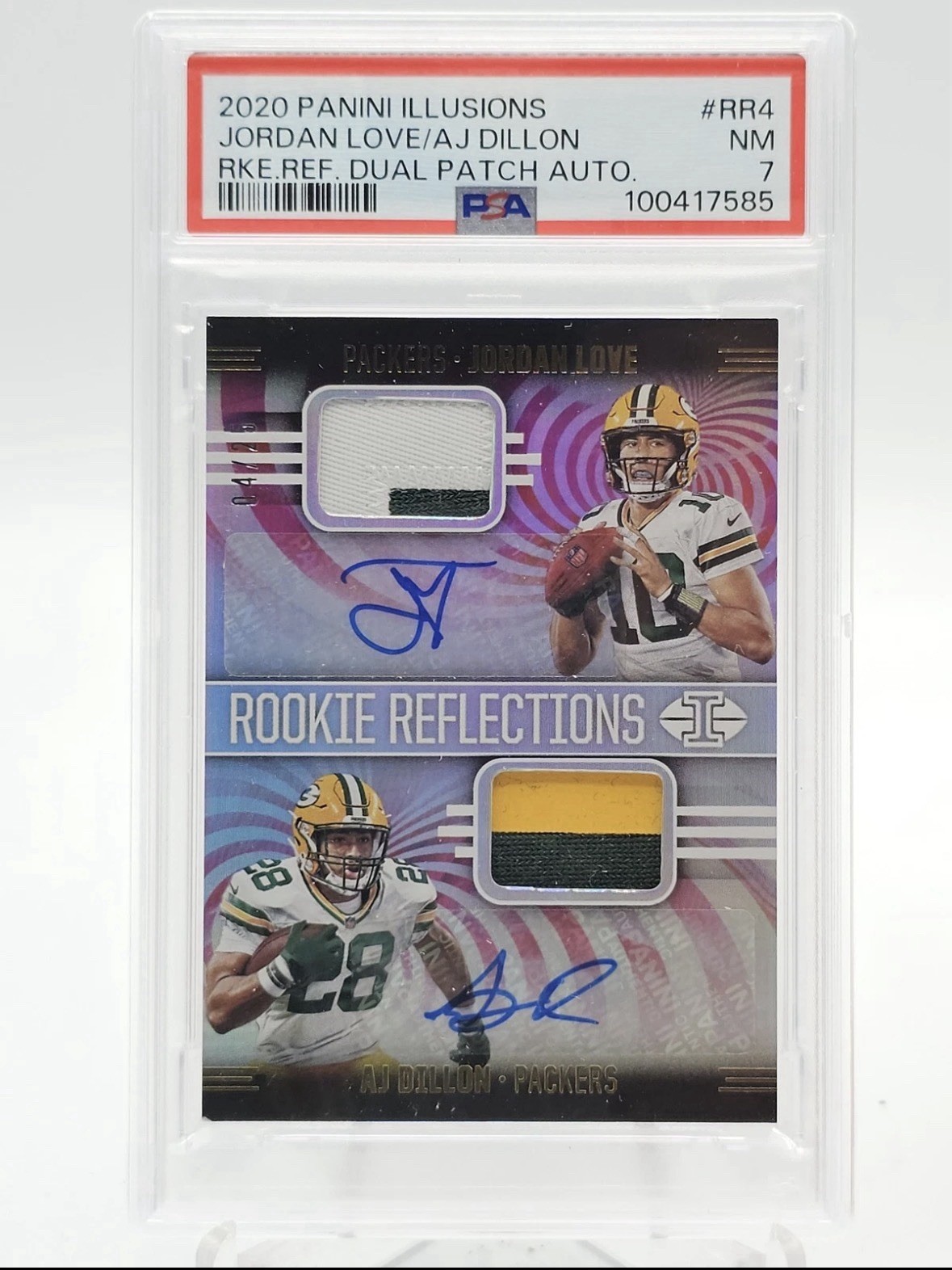 JORDAN LOVE / AJ DILLON 2020 ILLUSIONS RPA ROOKIE PATCH AUTO /25 PSA 7
