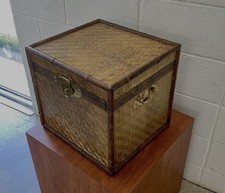 Faux Bamboo Trunk Side Table Woven Rattan Cedar Lined Brass Hardware Vintage