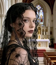 Black Lace Triangle Veil Spider Web Victorian Catholic Whitby Goth Bride Costume