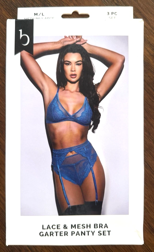 Conjunto de sujetador, liga y bragas de encaje y malla Baci de 3 piezas - 3213 azul - M/L 8-14 Foto 3 de 4