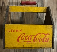 Vintage Red Yellow Coca Cola 6 Pack Wood Carrier Wings Handle 1940s