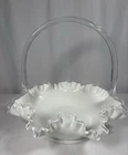 Vintage Fenton White Milk Glass Ruffled Crimped Edge Basket 10” Height