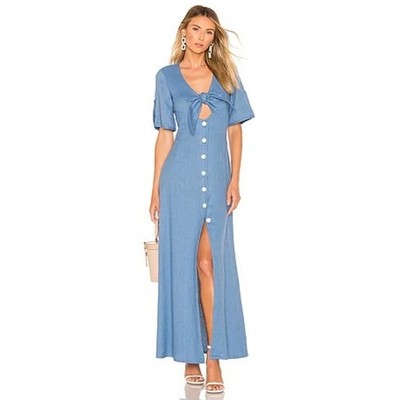 Alexis Jameela Shell Blue Linen Maxi Dress Tie Front Button Size L