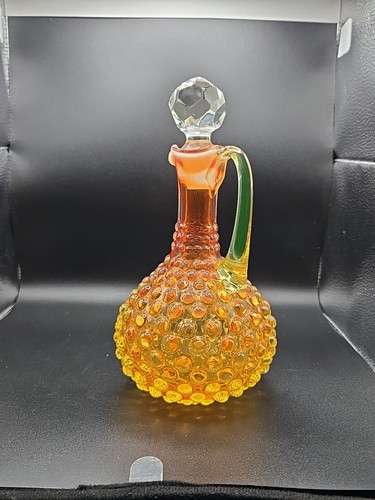 Victorian Vaseline Cadmium Rubina Red/Green/Yellow Hobnail Blown Glass Cruet - Picture 7 of 23