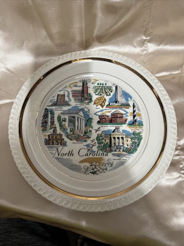 Vintage North Carolina Souvenir Plate With Gold Trim & Scenic Illustrations