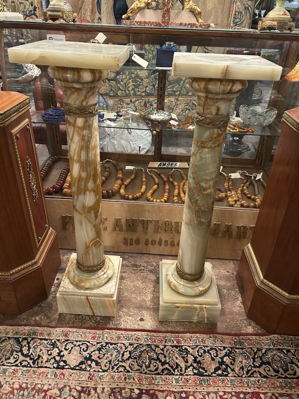 Pair of LXV Style French Onyx , Gilded bronze pedestals, columns, Circa 1880