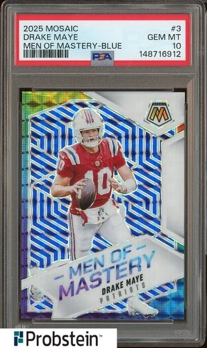 2025 Panini Blue Mosaic Prizm Men Of Mastery #3 Drake Maye Patriots 27/99 PSA 10