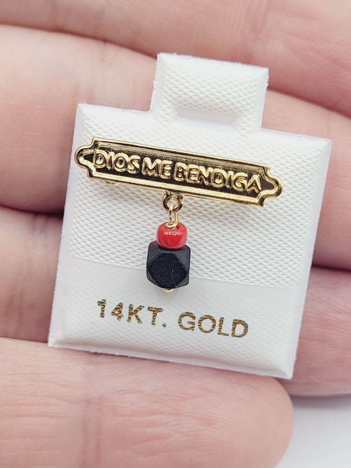 Dios Me Bendiga 14K Pin, Solid Gold & Genuine Azabache, Brand New