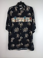 Pierre Cardin Mens L Black Cream Tropical Short Sleeve Button 90s Hawaiian Shirt