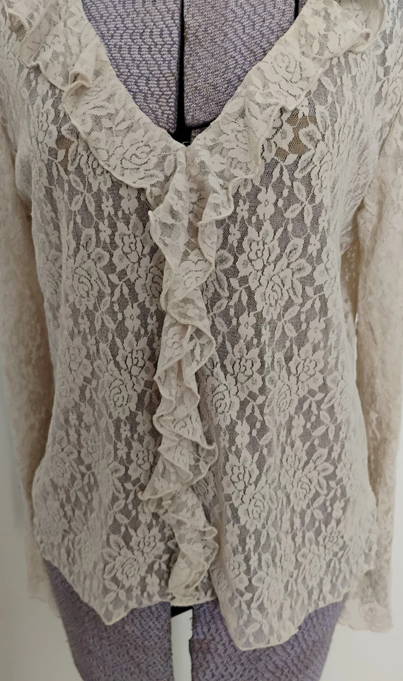 Y2K Lace Top Women's Ruffle Front & Neck Long Sleeve Coquette Blouse Ecru L - Image 3 of 4