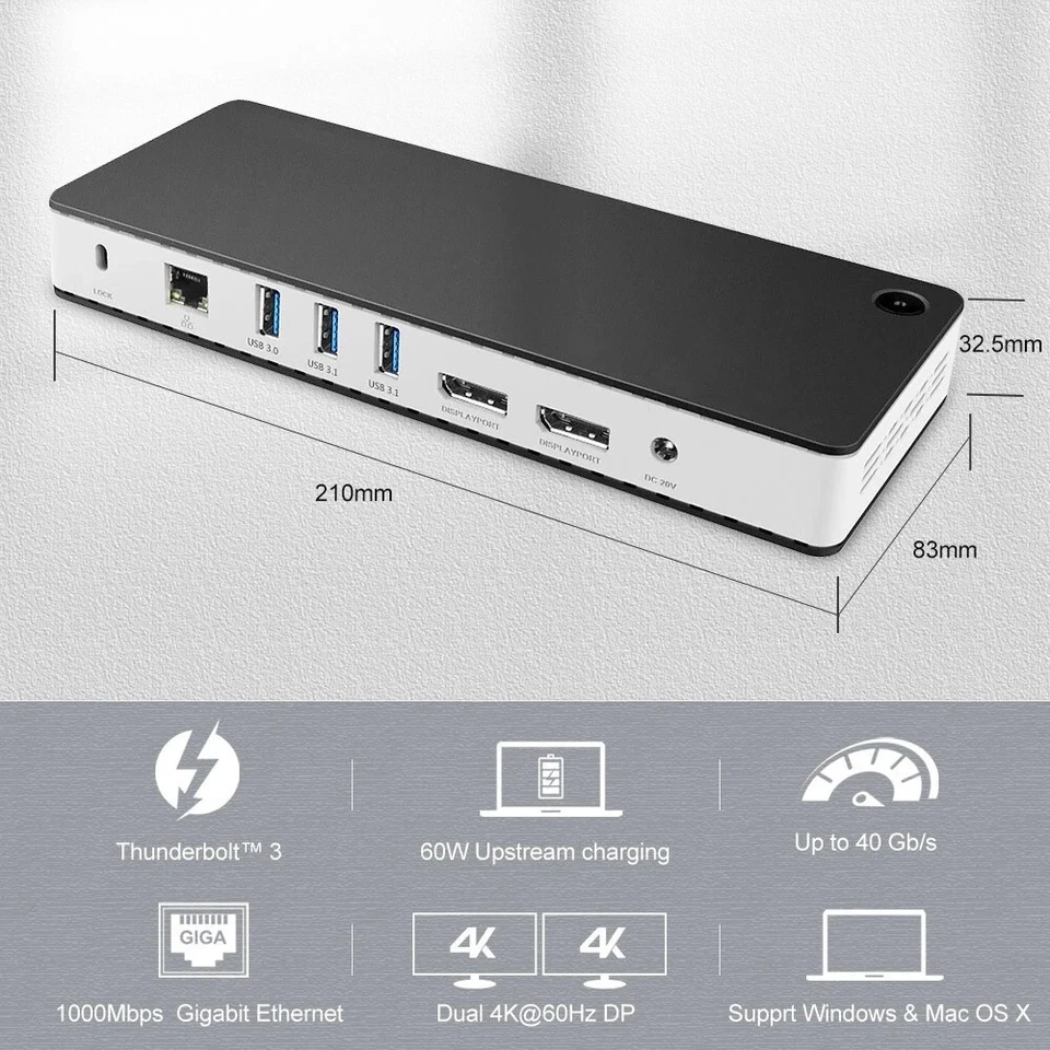 Thunderbolt 3, концентратор док-станции 10-в-1, двойной 4K DisplayPort, USB-C, 130 Вт - Изображение 2 из 4