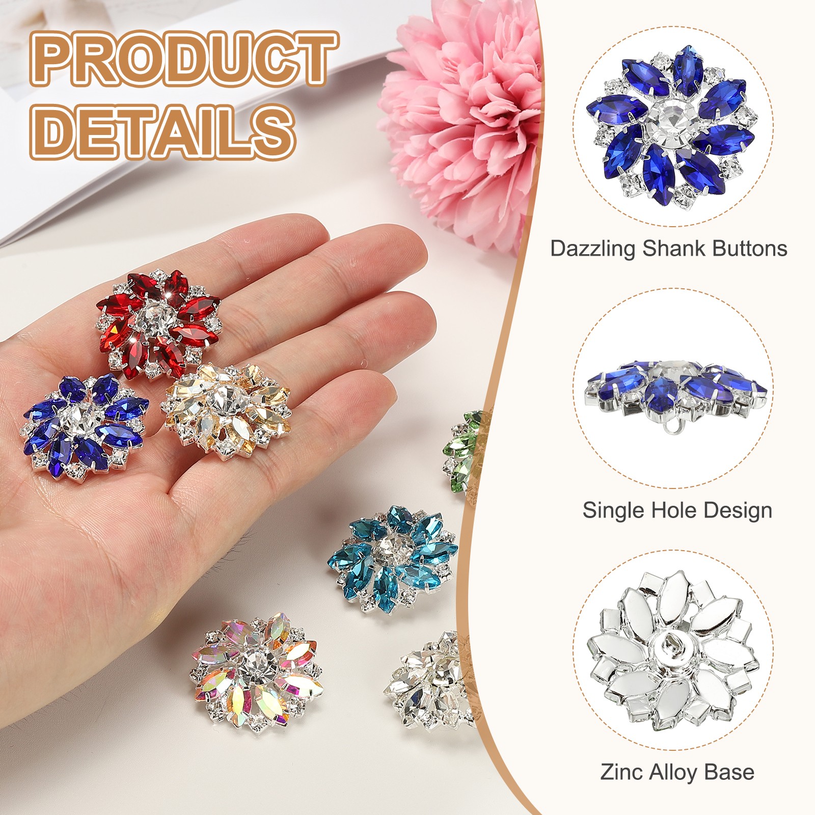 12Pcs Flower Rhinestone Buttons, 1" Bright Blue Crystal Shank Buttons