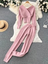 Casual Knitted Two Pieces Suits V Neck Sweater Elastic Casual Long Pants Sets