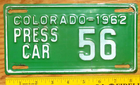 Item photo. Show Listing Details page. Listing 1962 Colorado Press Car License Plate Number Tag