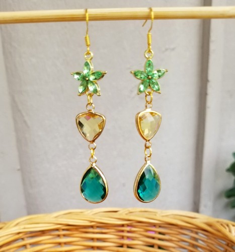 14k Gold Peridot Citrine & Emerald Earrings, Australian Crystal Long Earrings - Picture 5 of 7