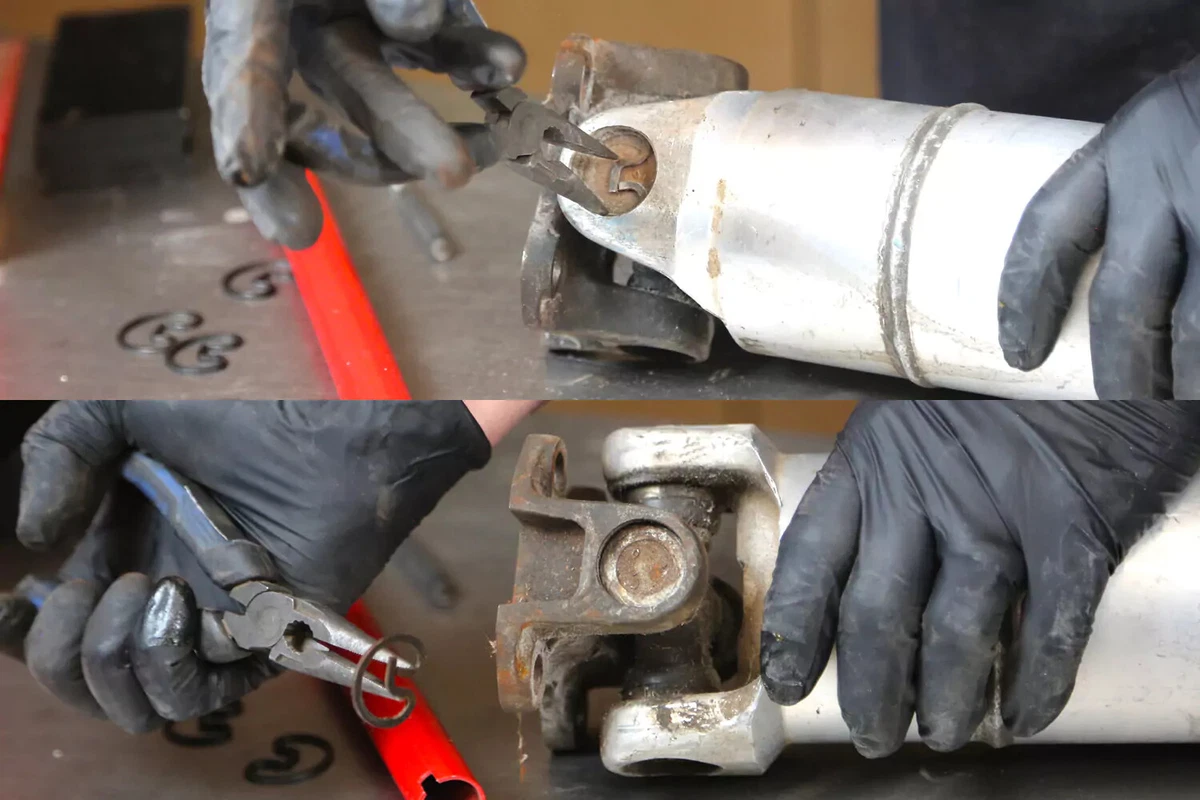 Two photos of a mechanic with black gloves removing an outside clip with needle-nosed pliers.