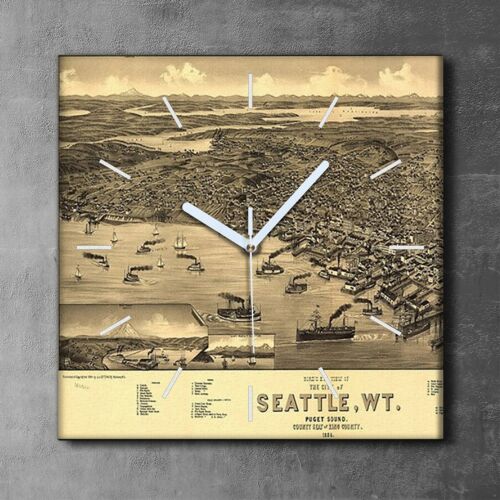 Canvas Clock Print Photo seascape ocean Year Seattle Map Vintage Poster 30x30 - Photo 1/9