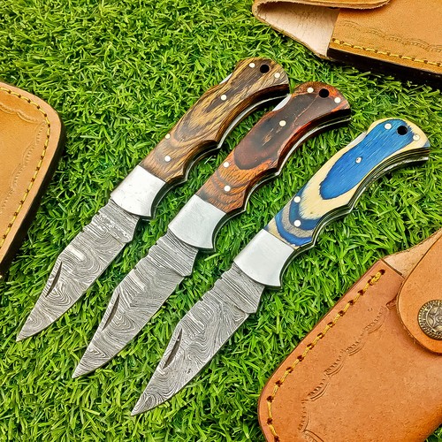 LOT OF 3 PCS! Handmade Damascus Pocket Knives – Folding Knives, W/Sheath IT-598