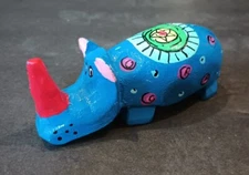 Hand Painted Wood Rhinoceros Figure Statue  Colorful Blue Rhino Figurine Signed