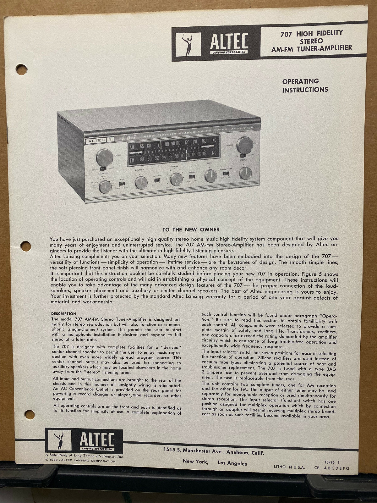 Operating Instruction Manual ~ Altec 707 Tuner Amplifier Amp ~ Service Schematic