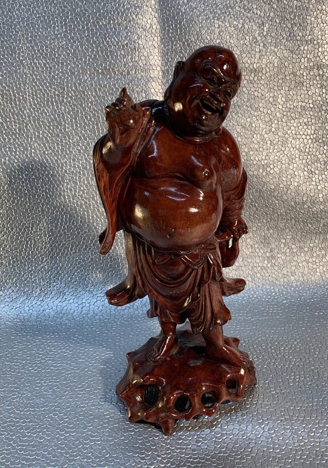"Estatuilla de Buda 11"" china vintage de madera sonriente" Foto 3 de 4
