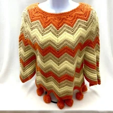 VTG 70s Crochet Afghan Chevron Pompom Fringed Poncho Boho Grannycore Orange Gold
