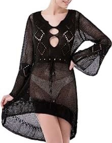 Bell Sleeve Beach Knit Cover Up + Tassel Tie Crochet Mini Dress in Black | O/S - Picture 10 of 11