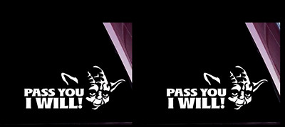 Pass You I Will!  Car Truck Camper RV Window TWO White 6'' Vinyl Decals - Yoda