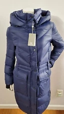 NEW SOIA & KYO QUILED PUFFER LAPIS BREANNA LONG DOWN HOOD COAT SIZE S