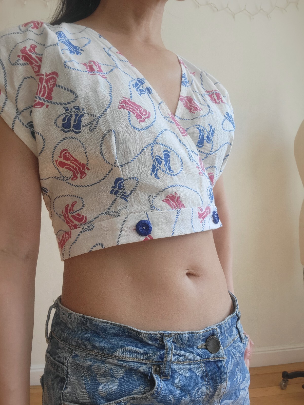 Handmade Cropped Blouse Vintage Feedsack Cowboy B… - image 3