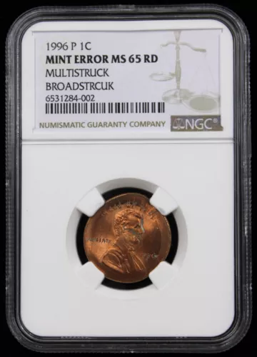 1996-P Lincoln Cent NGC MS65 MAJOR ERROR Multistruck & Broadstruck - Error Slab