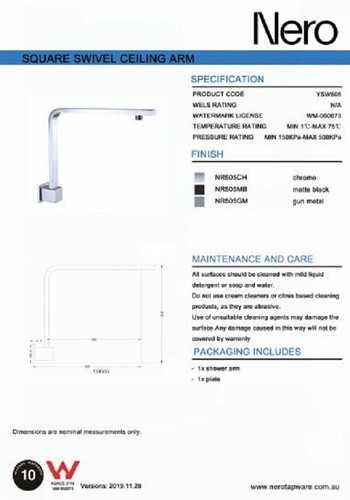 Nero BIANCA SQUARE SHOWER ARM 350mm Swivel, Brass, Wall Mounted GUN METAL GREY - Picture 3 of 4