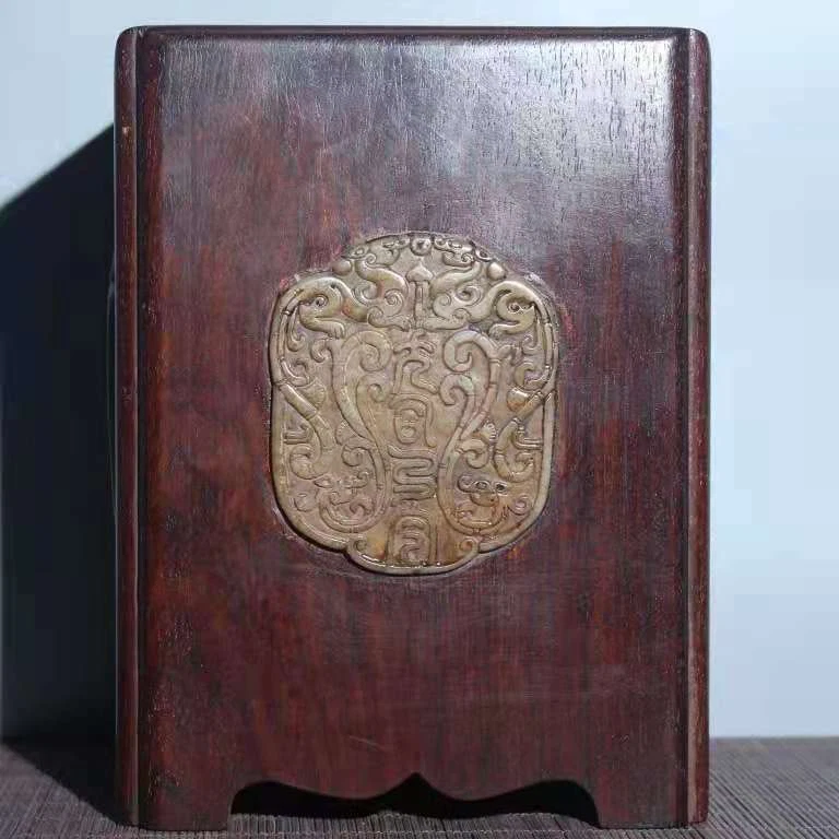 Olla de cepillo tallada a mano de jade con incrustaciones de palo de rosa natural antigua de China rara  Foto 4 de 4