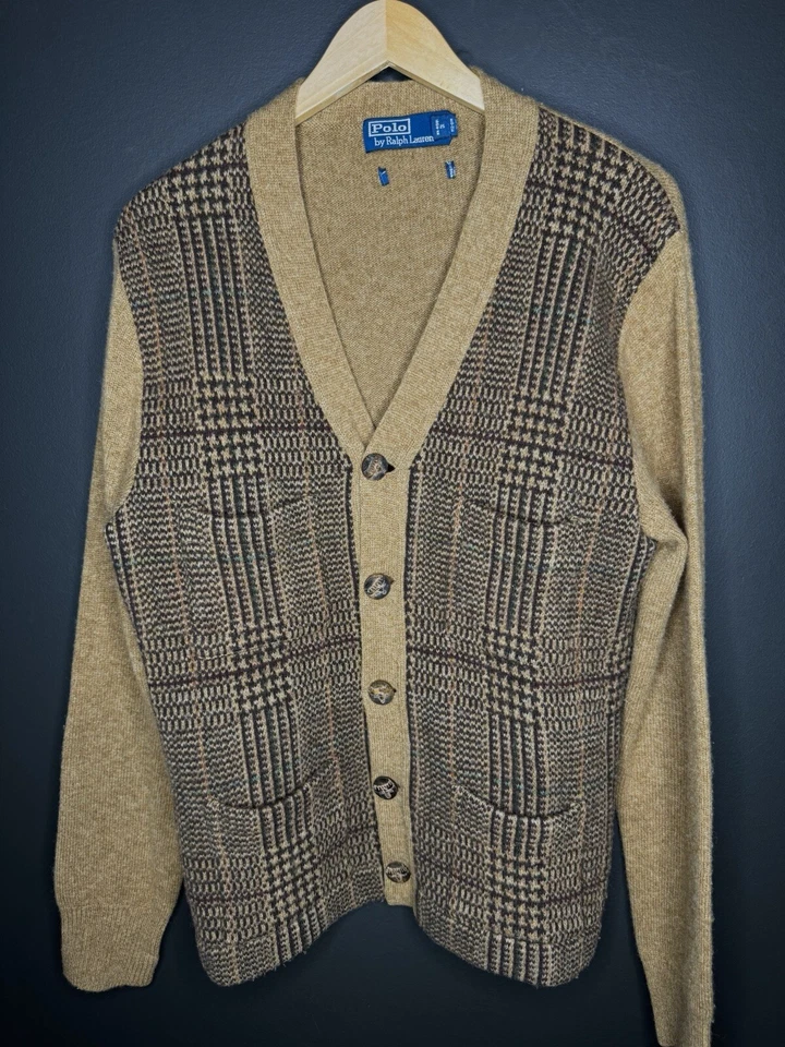 Cárdigan Polo Ralph Lauren Mediano Pata de Gallo Cuero Cachemir RRL Caballeros Tweed Foto 2 de 4