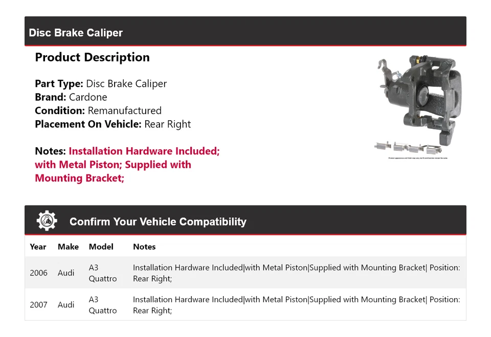Pinza de freno de disco trasera derecha cardone para Audi A3 Quattro 2006-2007 Foto 2 de 4