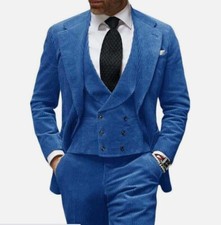 Men's Blue Corduroy Suit Fashion Retro Blazer Single Breasted Notch Lapel Jacket