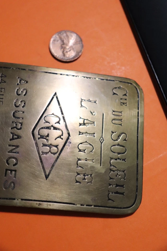 RARE French Plaque Cie du Soleil Assurances l' Aigle Brass Antique PARIS - Image 4 of 4