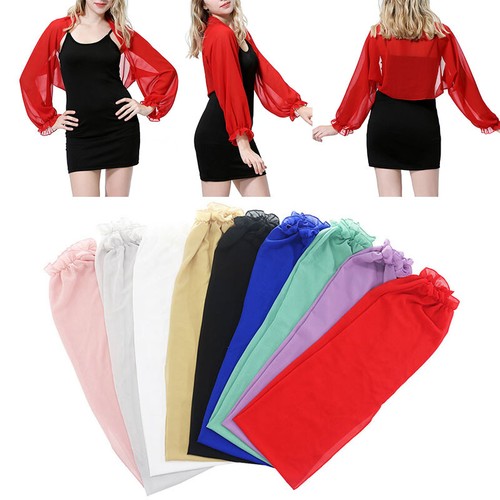 Women Puff Sleeve Chiffon Shawl Cape Outdoor Plain Arm Cover Sun Protection Top- - Picture 11 of 22
