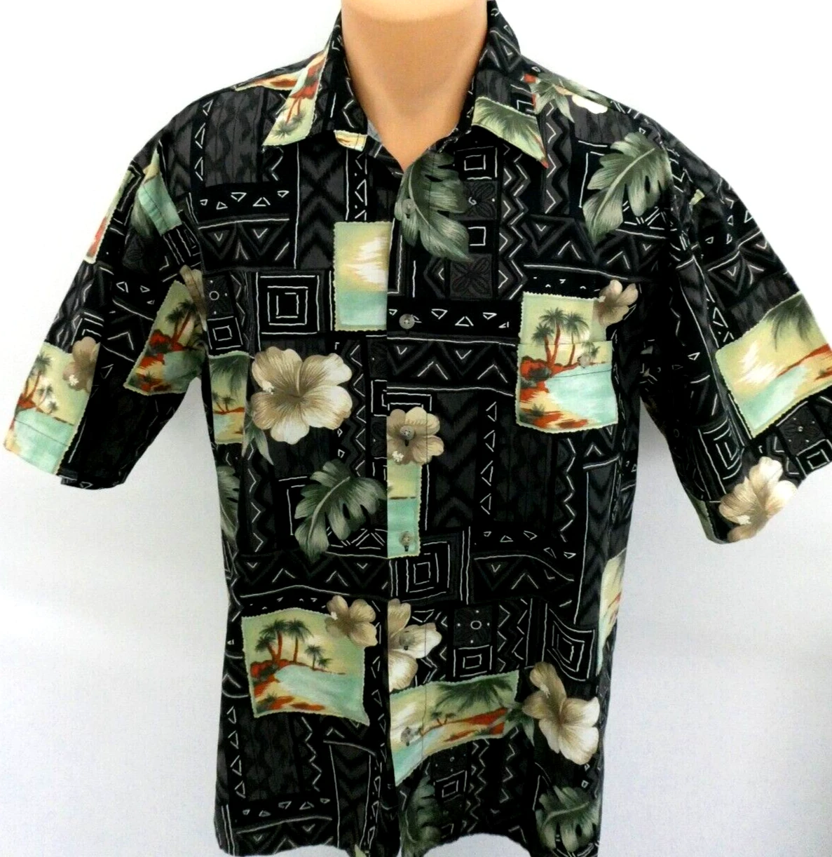 Pierre Cardin Men's L Hawaiian Short Sleeve Shirt Black Tropical Island Print
