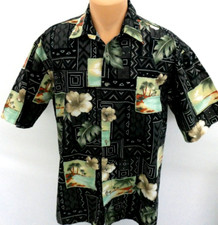 Pierre Cardin Men's L Hawaiian Short Sleeve Shirt Black Tropical Island Print
