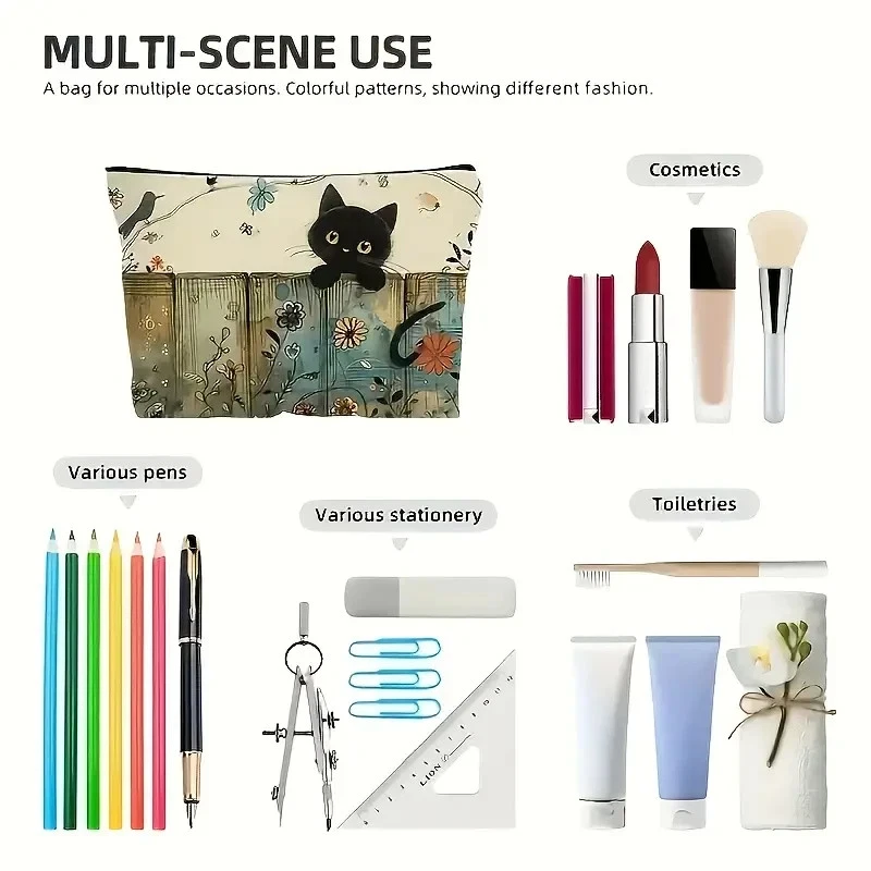 Cute Black Cat on Fence Canvas Makeup Bag Pencil Case Toiletry Pouch Zipper Gift - Image 3 of 4