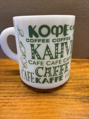 Mug Multi Languages Coffee Kaffe Kawa Kahvi Cafe Vintage 1970's Milk Glass