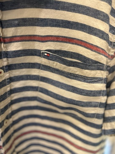 Camicia Tommy Hilfiger personalizzata lino uomo blu rosso beige righe SS bottoni XL - Foto 2 di 4